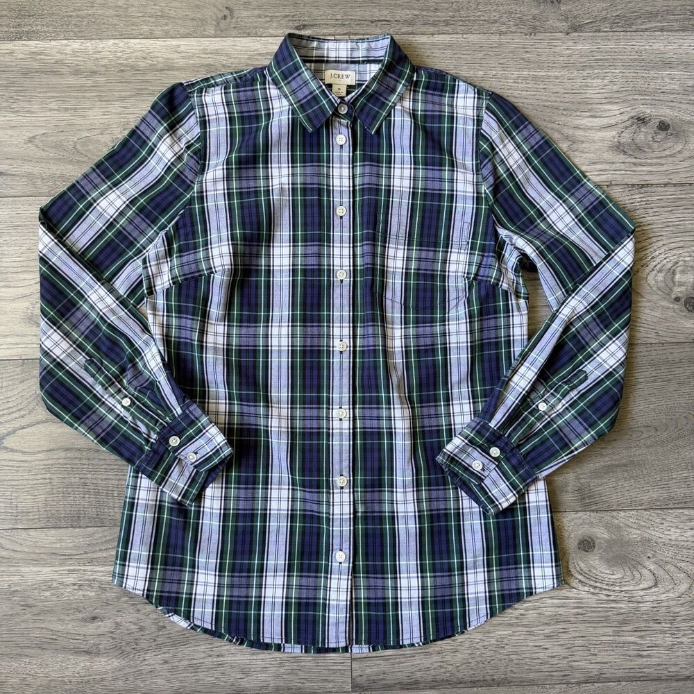 J. Crew‎ Stretch Cotton Blue and Green Plaid Button Down - Size Small
